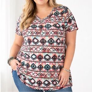 Rue+ Plus Size 3X Boho Aztec Tribal Print Tunic Top Stretch Short Sleeve shirt
